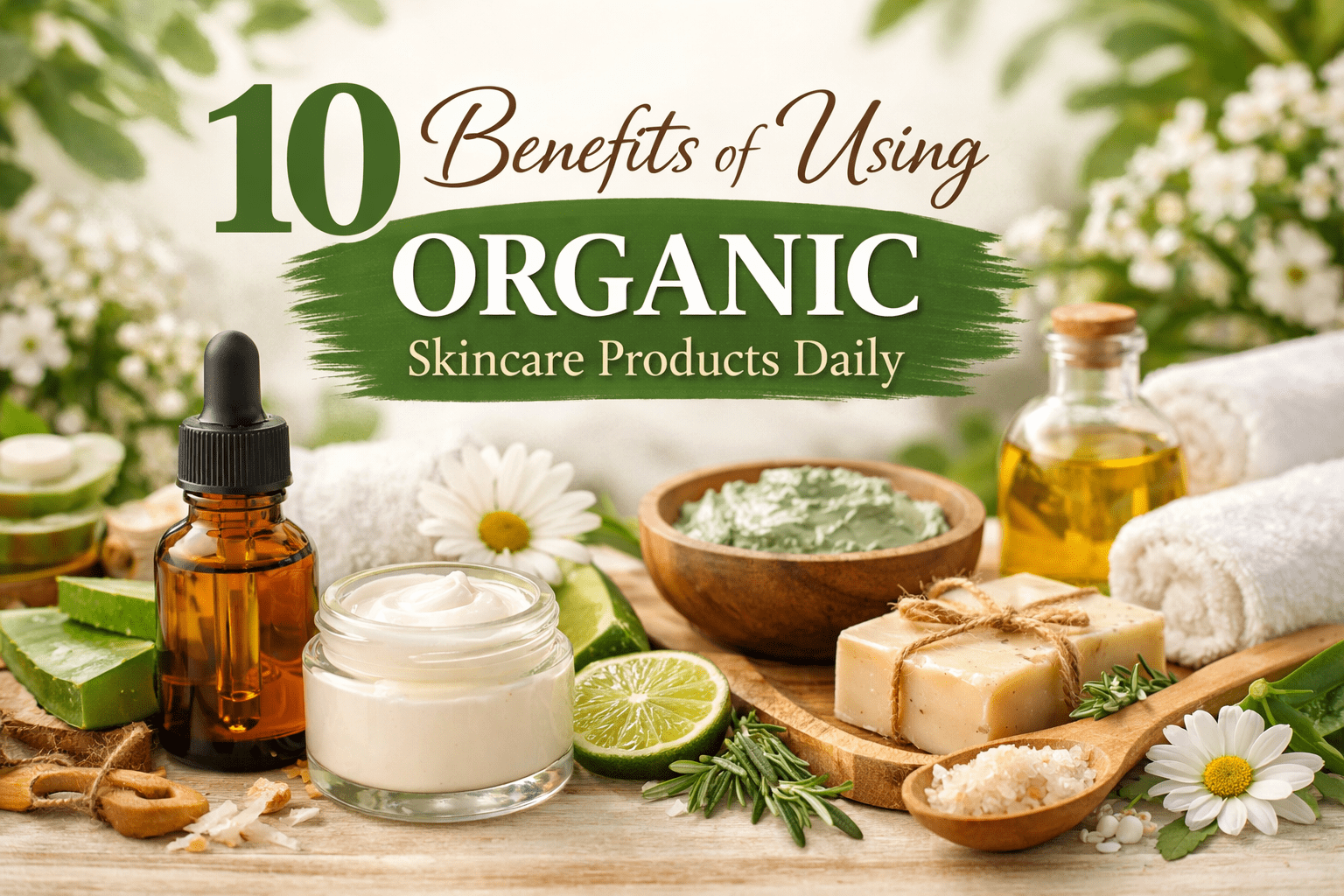 Organic skincare products including creams, serums, aloe vera, herbal soap, and essential oils arranged on a wooden tray with flowers and natural ingredients, highlighting the benefits of daily organic skincare.